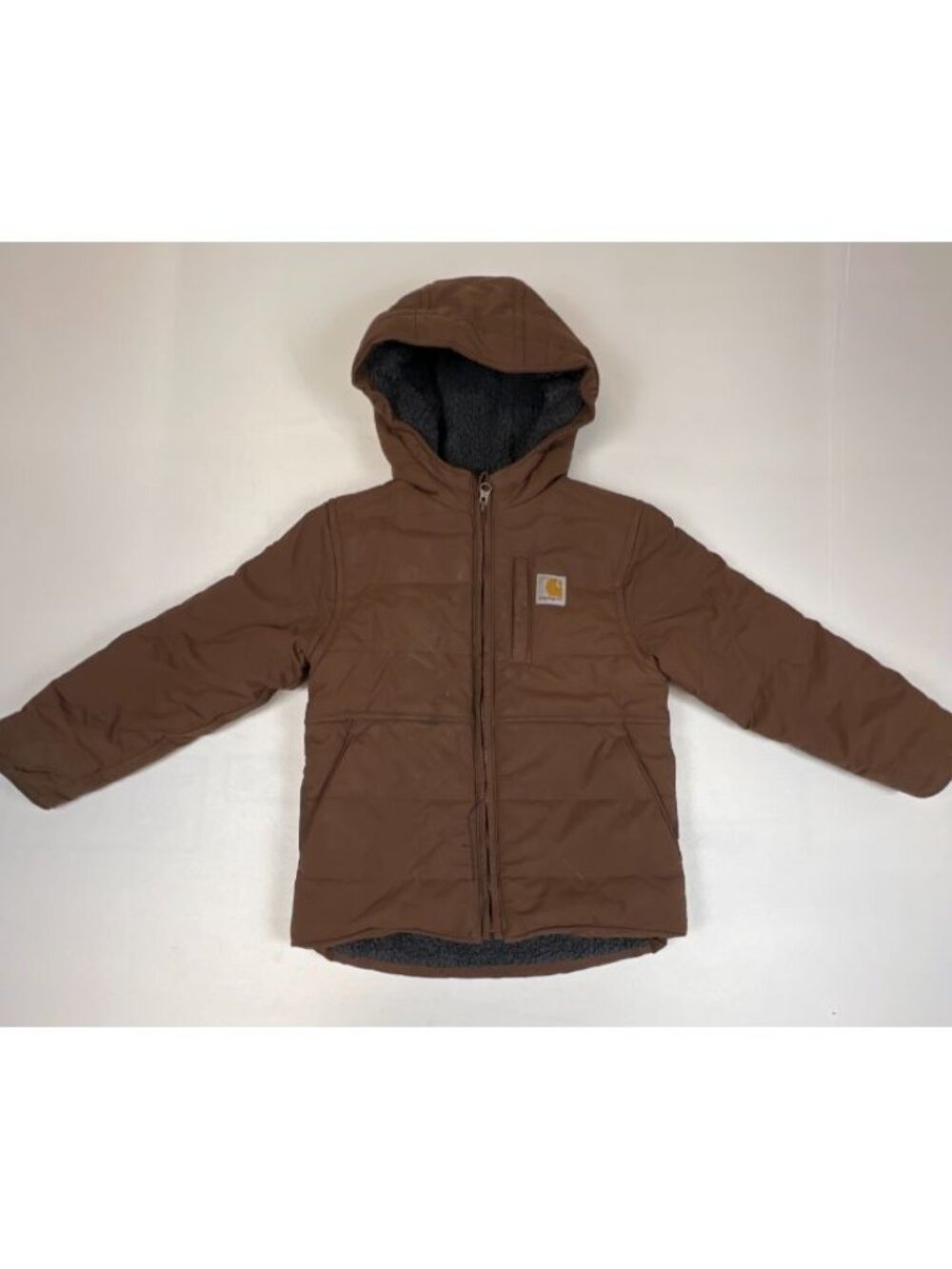 Carhartt Kids Jacket Size XS Brown Full Zip Hooded Sherpa Lined Durable Coat